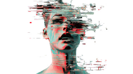 Glitching face showing artificial intelligence losing control on transparent background