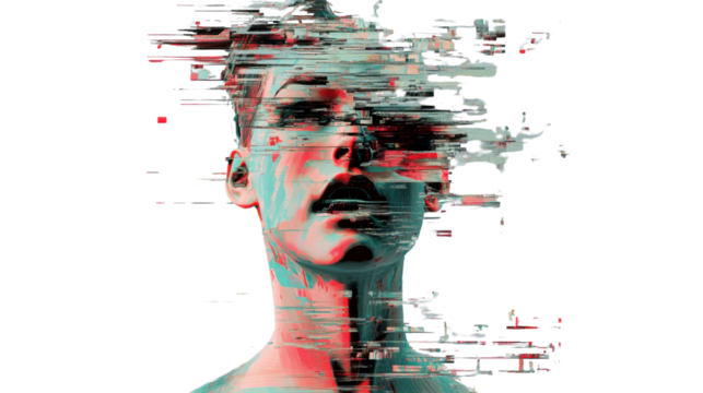 Glitching face showing artificial intelligence losing control on transparent background