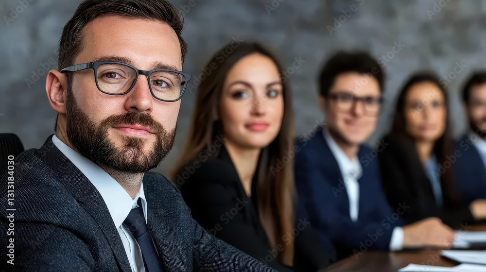 Aufkleber Man with glasses and beard engaging with group of people in professional setting sharing ideas and insights