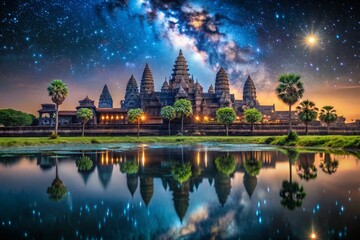 Fototapeta premium Angkor Wat Night Photography: Starry Sky over Ancient Temple, Siem Reap, Cambodia