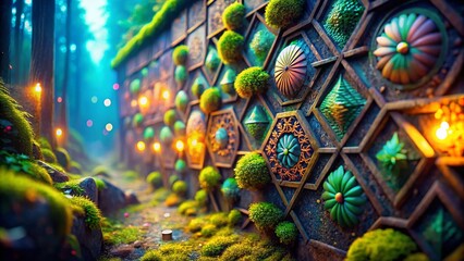 Fototapeta premium Anime Pattern Mossy Stone Wall Bokeh Background - Fantasy Art