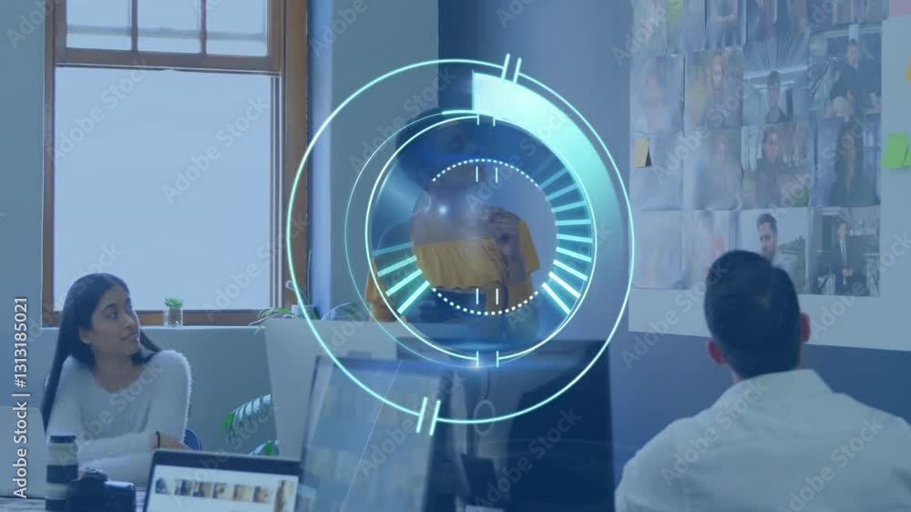 Poster digital interface animation over people working in modern office setting