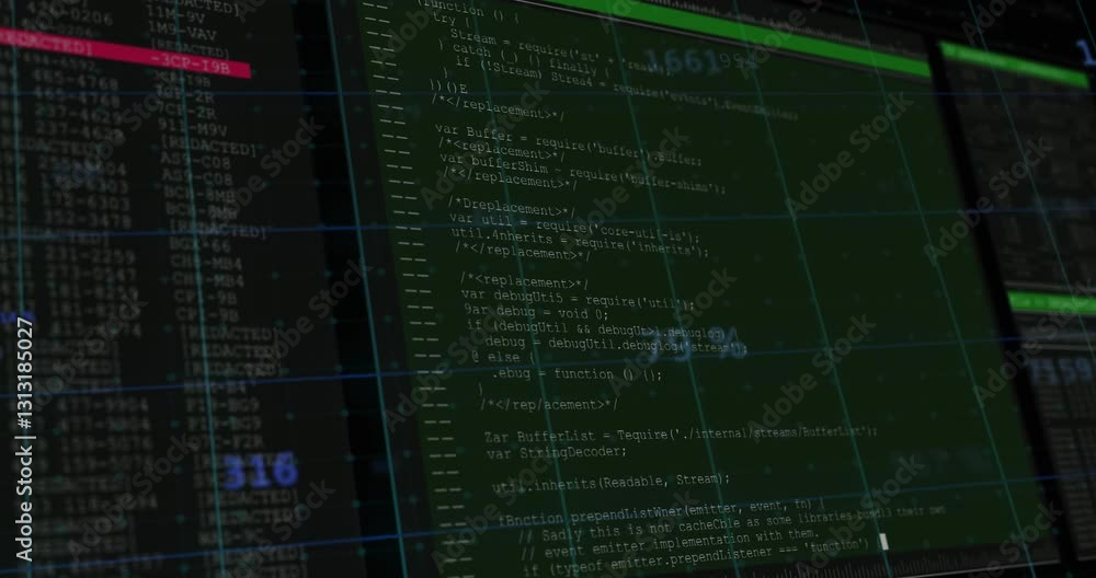 Poster animation of computer code and data processing with green overlay on screen