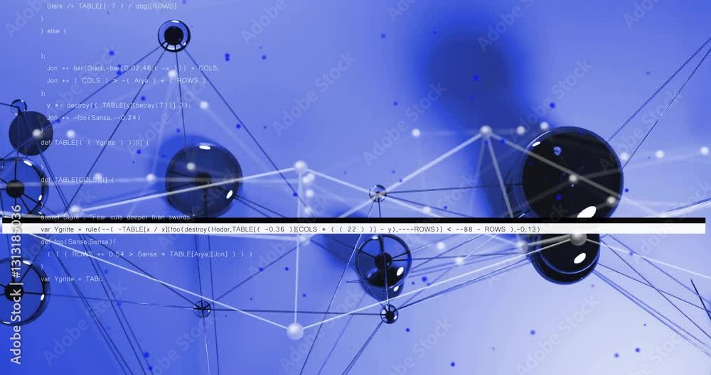Poster animation of interconnected spheres and lines with overlaid code snippets