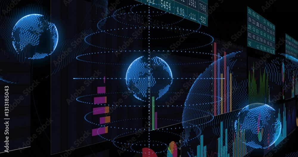 Aufkleber animation of digital globe with data charts, illustrating global analytics in school