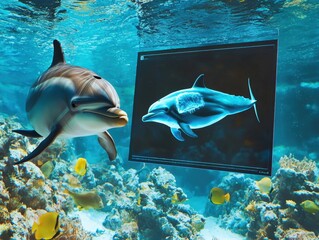 A dolphin curiously approaches a screen displaying a blue-toned image of itself, set against the backdrop of a vibrant underwater ecosystem.