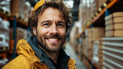 Warehouse Worker's Optimistic Gaze: A friendly warehouse worker wearing a high-visibility vest radiates positivity, showcasing a smile that reflects pride and satisfaction with his job.