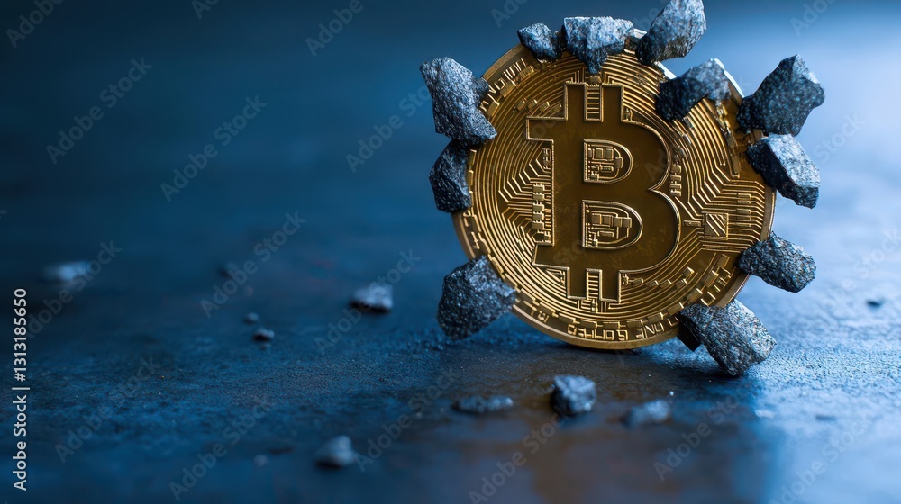 Poster close-up of a single bitcoin coin representing cryptocurrency and modern financial investments in a 