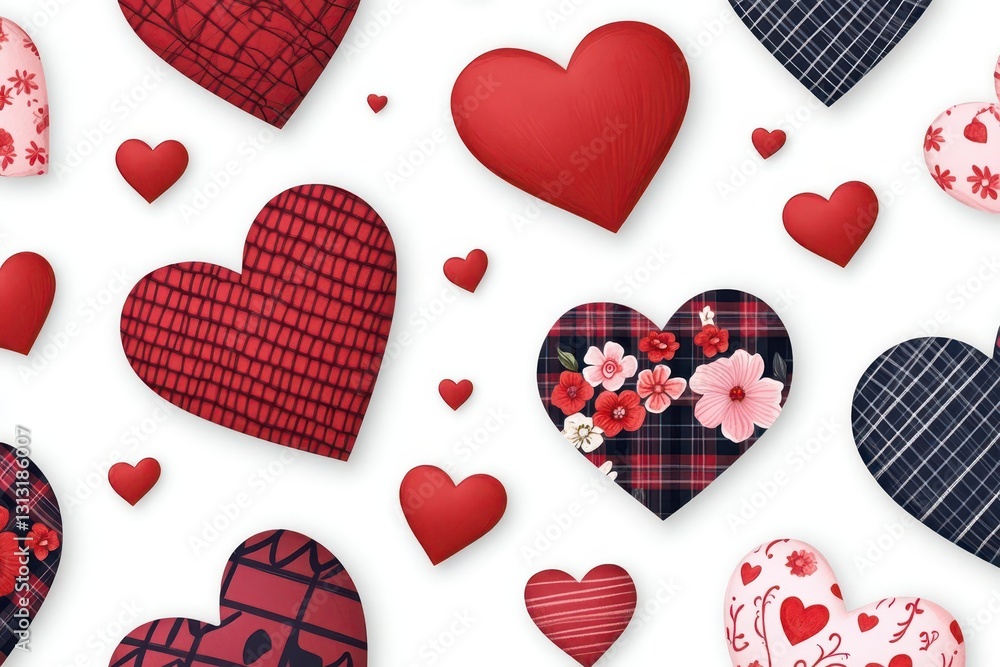 Poster collection of diverse hearts with different designs and patterns representing love, affection, and e