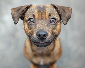 Obraz premium A small brown dog with a shiny black nose and expressive dark eyes sits attentively. Its fur is soft and slightly wavy, and it has perky ears that stand upright, showcasing its playful nature.