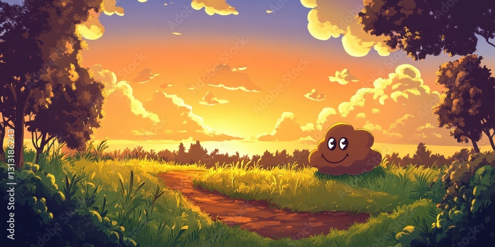 Poster a smiling animated character walks a path through nature landscape