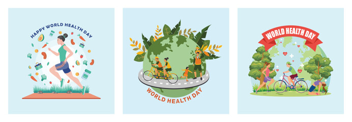 People are living a healthy lifestyle, doing physical exercises, yoga, jogging and cycling.