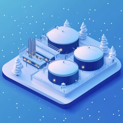 Isometric 3D biogas facility in winter, covered in snow, eco-energy contrast, warm methane tanks glowing, smooth shading, blue background 