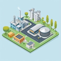 Isometric urban biogas station next to residential buildings, processing organic waste into energy, green technology focus, light blue background