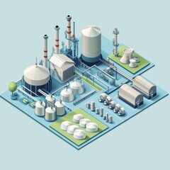 Large-scale biogas refinery in stylized isometric 3D, featuring digesters, compressors, and bio-waste storage, isolated on light blue 