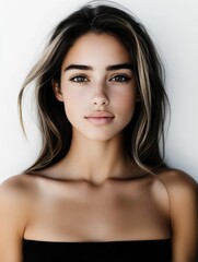Fototapeta premium A Young Woman with Long Hair, Neutral Expression, Against a White Background