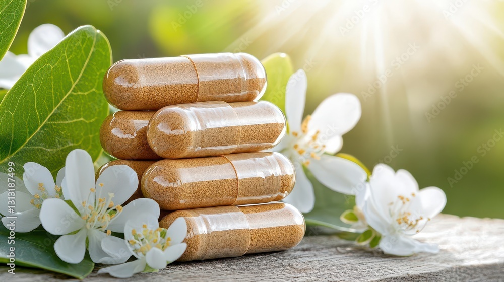 Poster artistic arrangement of colorful pills and fresh flowers on a wood table creating a unique and strik