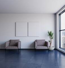 empty office lounge with empty poster mockup on the white wall and single sofa. 3d illustration