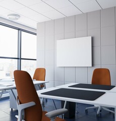modern office room interior with poster mockup hanging on the wall. 3d illustration 