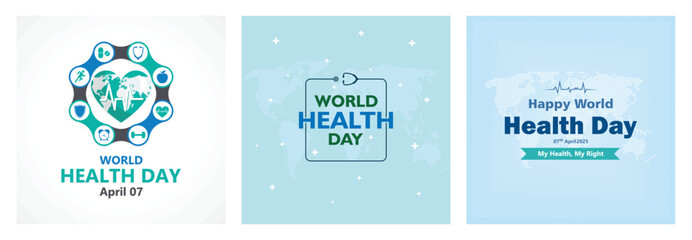 Fototapeta premium World Health Day poster featuring a stethoscope, world map, and health icons.