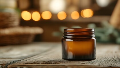 Amber Glass Jar On Rustic Wooden Surface