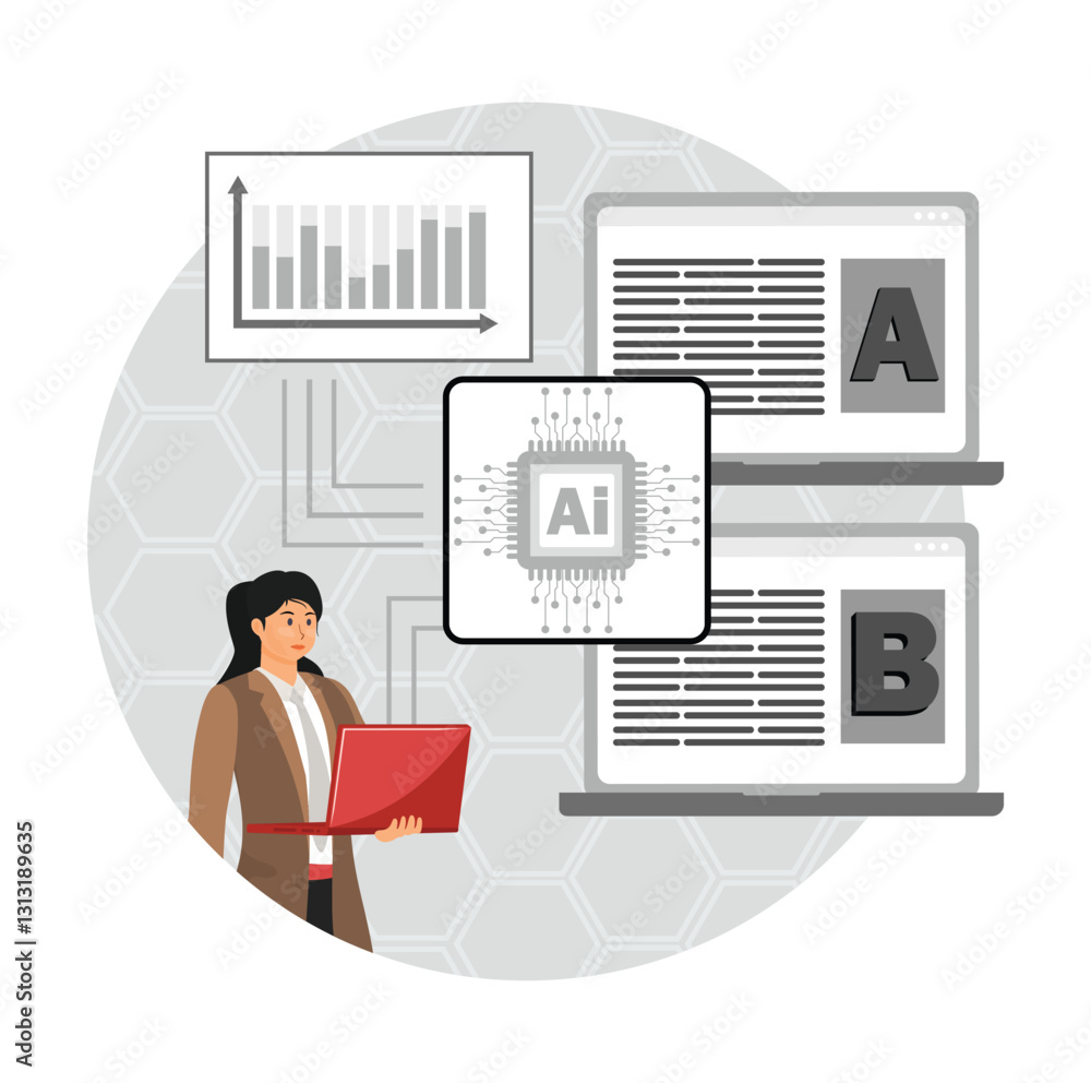 Poster a-b testing and ai enhanced marketing abstract concept. optimizing a-b testing.