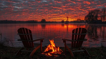 Fototapeta premium A serene lakeside scene at sunset with a cozy fire and chairs, inviting relaxation and reflection.