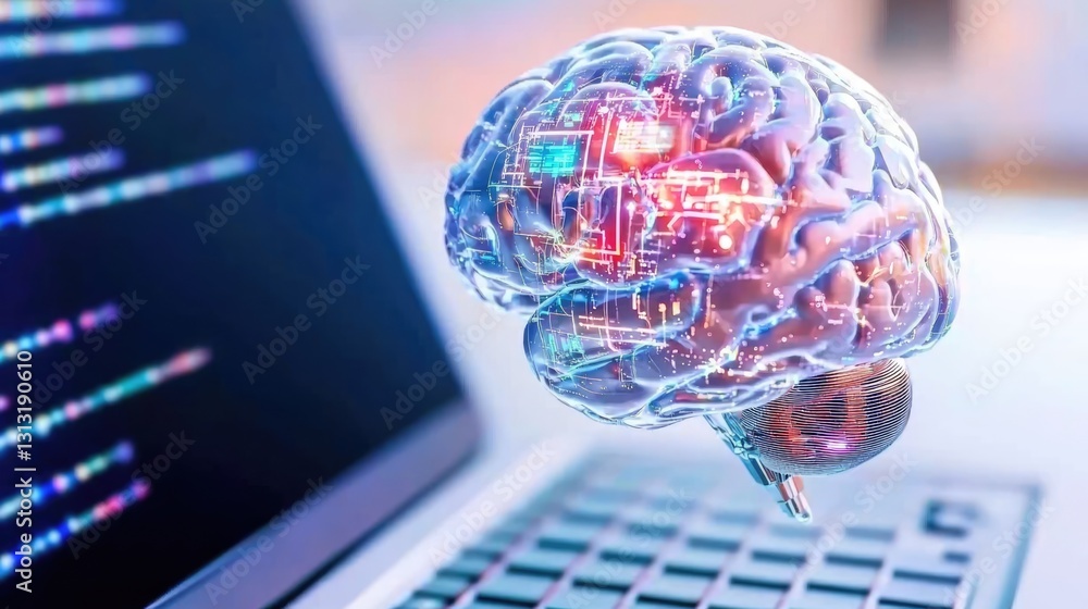Poster innovative brain-computer interface development tech lab digital art futuristic close-up technology 