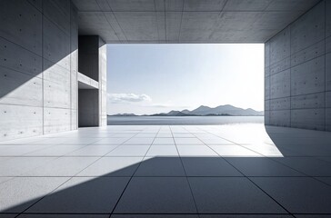 Obraz premium Sleek Modern Interior with Expansive Views of Mountains and Soft Natural Light