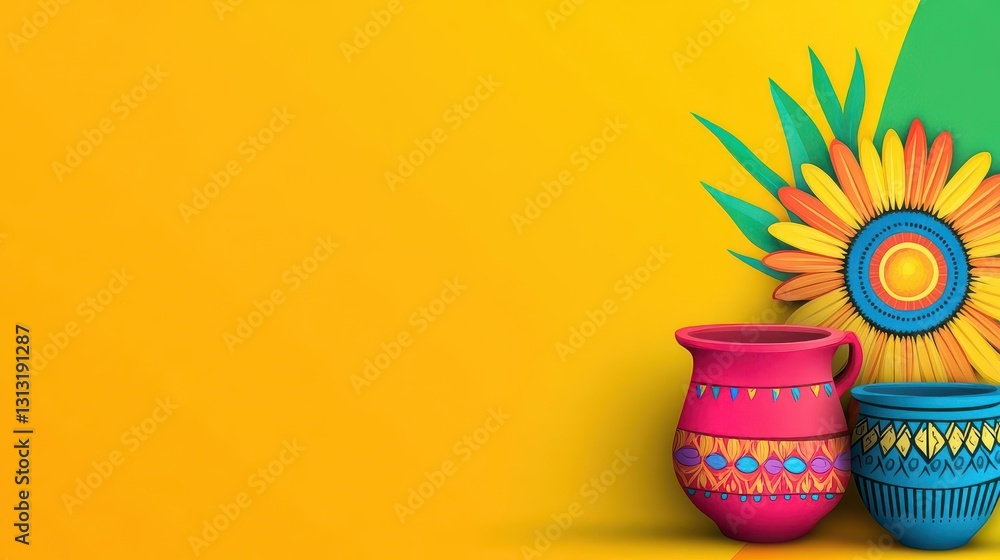 Poster Colorful artistic display of various vases arranged with a beautiful flower creating a lively home decor scene