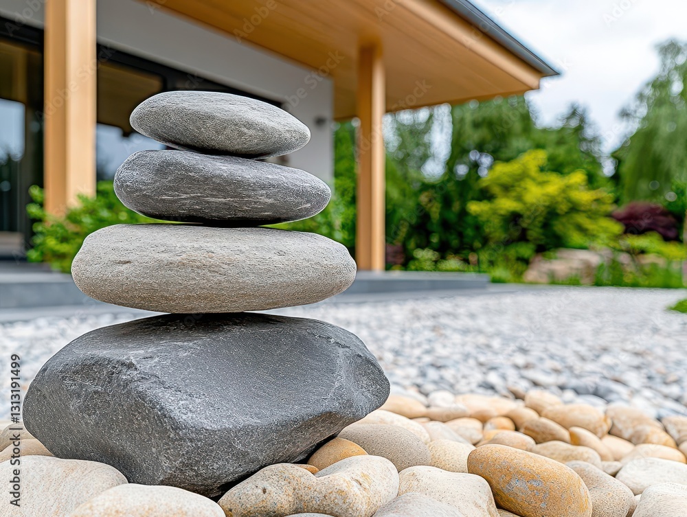 Poster tranquil scene featuring a stack of smooth rocks on a peaceful background symbolizing balance and se