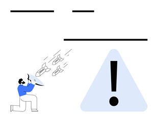 Individual shouting through loudspeaker at incoming threats labeled with text, accompanied by a large caution symbol. Ideal for alert, warning, danger, advocacy, risk awareness, prevention, flat