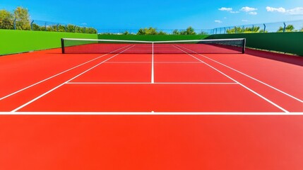 Fototapeta premium A well-maintained tennis court with clear lines, net, and surrounded by lush green grass under bright blue skies