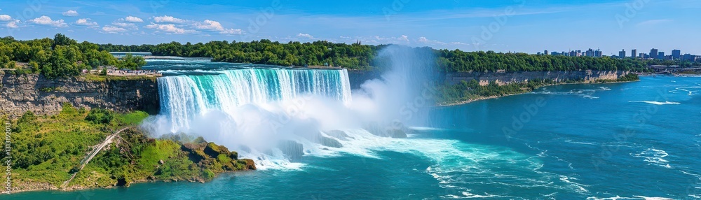 Poster majestic niagara falls cascading powerfully into the river below surrounded by lush greenery and mis