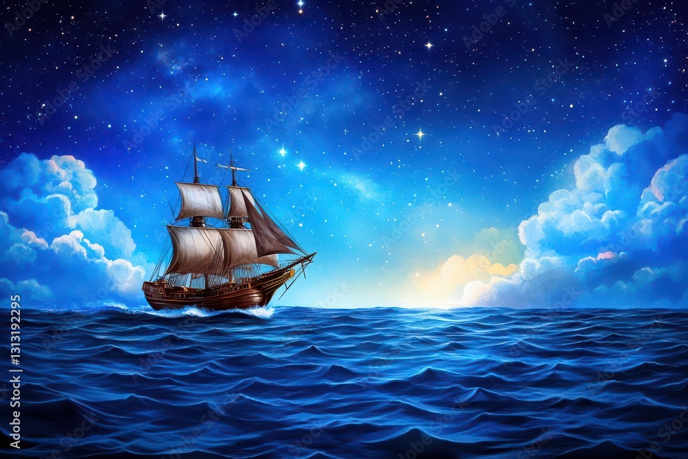 Poster a large cargo ship navigating the open ocean waves with a background of blue sky and a few fluffy wh