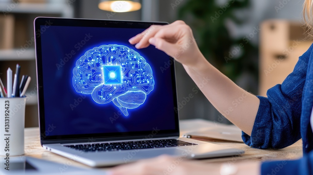 Poster exploring artificial intelligence brain technology insights modern office digital innovation close-u