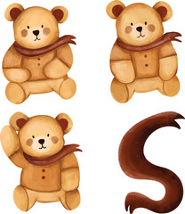 Hand drawn watervolor set of teddy bears, teddy bear watercolor clipart, A set of cute teddy bear