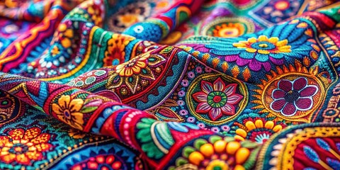 Fototapeta premium Boho Chic Doodle Art Clothing Texture: Macro Photography of Fabric with Intricate Patterns