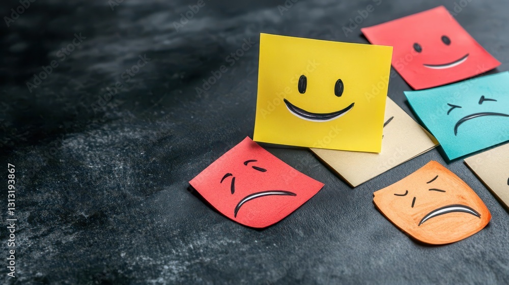 Poster A vibrant collection of colorful paper faces displaying various emotions and expressions on a bright background