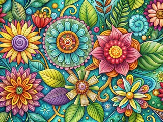 Boho Summer Floral Doodle Background: Architectural Photography with Whimsical Flower Art