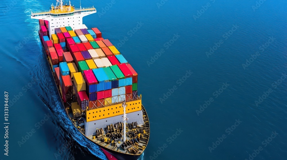 Aufkleber Massive container ship navigating through open waters with cargo containers stacked high on its deck against blue sky
