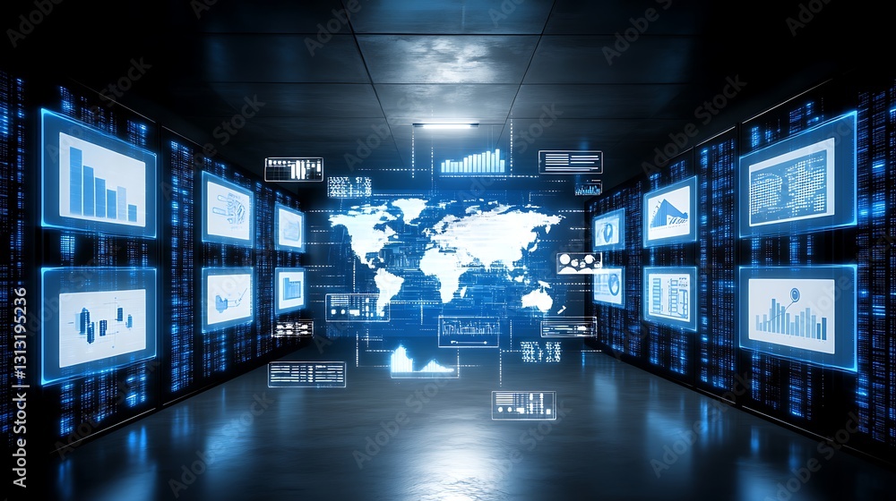 Poster global data visualization in futuristic server room
