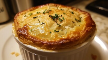 Delicious Homemade Chicken Pot Pie in a White Ramekin Dish