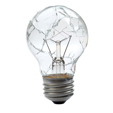 Broken lightbulb concept, isolated on a transparent background, representing a shattered or malfunctioning light source.