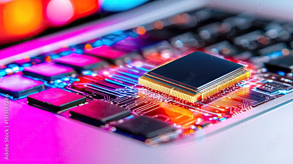 Poster digital workshop showcasing innovative microchip technology in a vibrant electronics environment