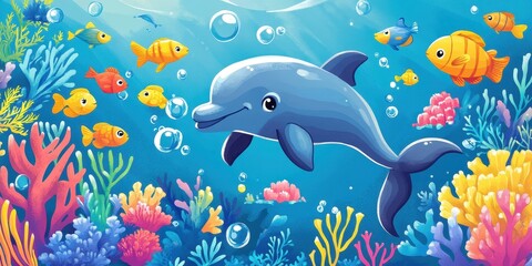 Fototapeta premium A friendly cartoon dolphin swimming happily in a colorful ocean