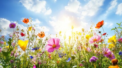 Obraz premium Colorful wildflowers blooming in a meadow against a sunny, blue sky