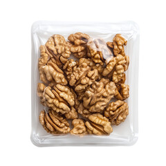 Obraz premium Fresh walnuts in a white plastic package, isolated on a transparent background, showcasing organic and healthy snack packaging.