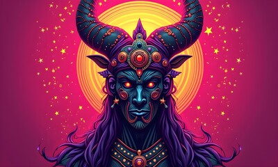 Haitian Vodou God with Cosmic Patterns and Radiant Magenta Background