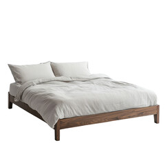 cozy wooden bed with white bedding and pillows, perfect for minimalist bedroom. simple design and neutral colors create calming atmosphere ideal for relaxation